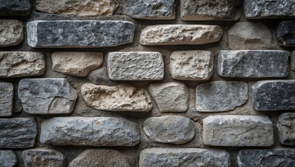 Poster - Textured stone wall made of various sized and colored stones arranged in a uniform pattern with shadows and highlights