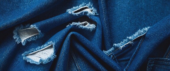 Poster - Blue denim fabric with torn sections and frayed edges arranged in a textured composition