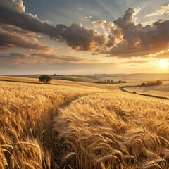 Poster - Golden Wheat Field Swaying Gently Under Cloudy Sky. Generative AI