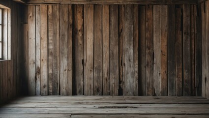 Poster - Wooden interior room with rustic wooden walls and floor, natural light coming from window, empty space for creative use