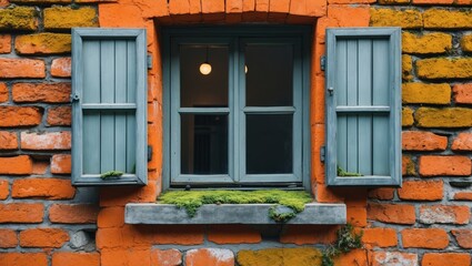 Poster - Orange brick wall with green window shutters and an open window adorned with moss and interior light fixture.