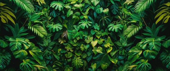 Poster - Lush green foliage background with a variety of tropical leaves abundant in natural light. Ideal for nature and environmental themes.