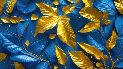 Poster - Golden and blue leaves pattern on a textured surface with artistic elements and contrasting colors for vibrant background design