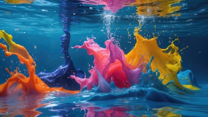 Poster - Colorful paint splashes in clear water creating dynamic movement and vibrant contrasts under bright lighting conditions