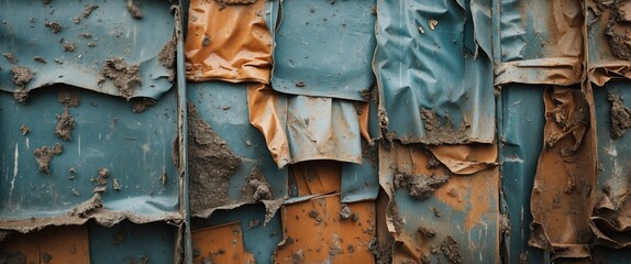 Poster - Peeling blue and orange metal sheet texture with dirt and grime background close up detailed view of weathered surface
