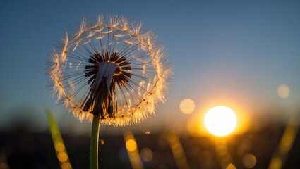 Poster - Dandelion seed head illuminated by sunset with blurred background in natural setting