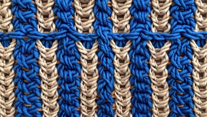 Poster - woven textile pattern in blue and beige colors with intricate interlaced design and textured surface details
