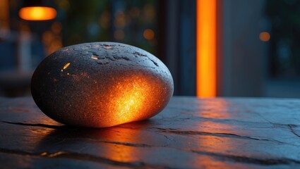 Poster - Illuminated decorative stone resting on a textured surface with warm light effects and blurred background.