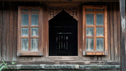 Poster - Wooden house exterior featuring two ornate windows with a dark interior view and intricate wooden carvings above windows on a rustic wall