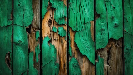 Poster - Textured wooden surface with peeling green paint and exposed natural wood, showcasing wear and age of materials