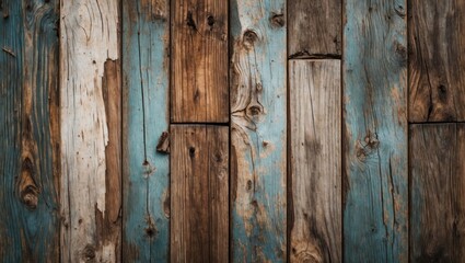 Poster - Textured wooden surface with a mix of brown and blue paint on planks arranged in a rustic pattern background