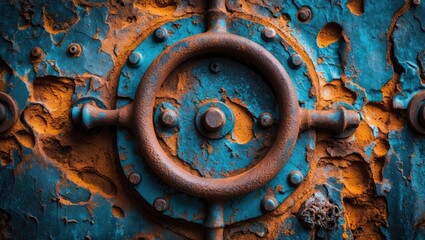Poster - Rusty metal door with circular handle and textured surface in blue and orange tones with peeling paint and corroded elements.
