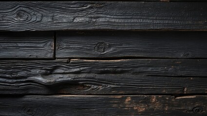 Wall Mural - Charred black wooden planks texture with detailed grain patterns and weathered surface suitable for backgrounds and design projects