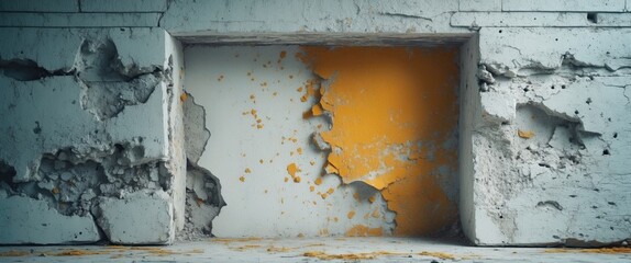 Poster - Concrete wall with peeling paint and texture revealing orange undercoat in an industrial setting