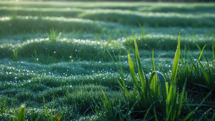 Poster - Dew covered green grass with morning sunlight creating a glistening effect on wet blades of grass in a natural outdoor setting