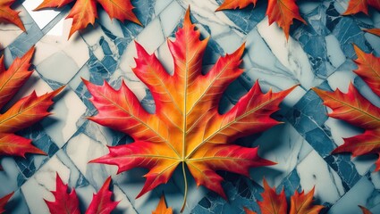 Poster - autumn leaves on marble background vibrant red and orange hues detailed close-up horizontal composit