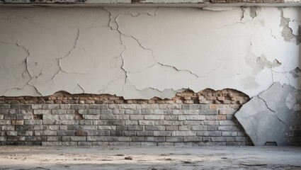 Poster - Cracked plaster wall with exposed brick in an empty room showcasing signs of deterioration and neglect.