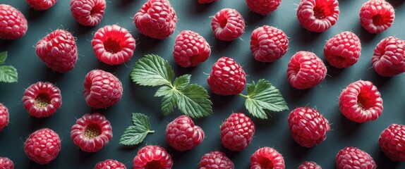 Poster - Ripe fresh raspberries arranged on a dark surface with green mint leaves for contrast and texture