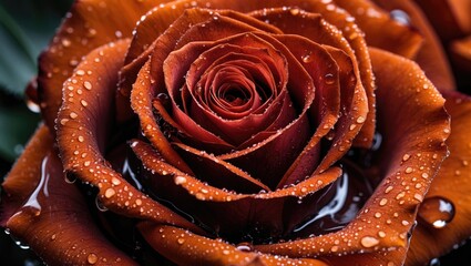 Poster - Close-up view of a red rose with water droplets on petals highlighting texture and details in natural light setting