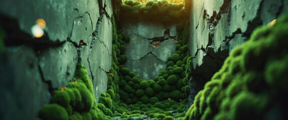 Poster - Overgrown moss in cracked concrete walls creating a natural green corridor illuminated by sunlight