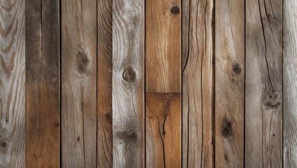 Poster - Wooden texture background with various shades of brown and gray planks arranged vertically, showcasing natural grain and knots