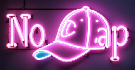 No Cap neon sign in glowing pink with a floating blue baseball cap outline, mounted on a dark wall, creating a bold and trendy aesthetic with vibrant illumination and contrast