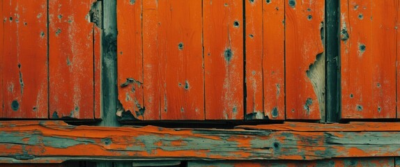 Poster - Textured background of weathered orange wooden planks with visible peeling paint and aged surface details