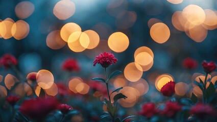 Poster - close-up of blooming red flowers with a blurred background of warm, circular bokeh lights during twi