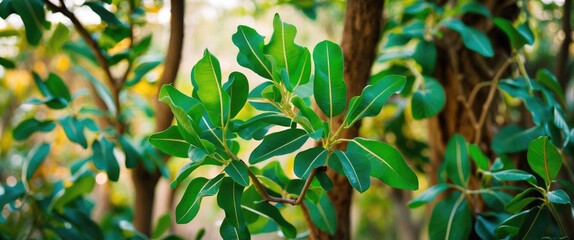 Poster - Close-up view of vibrant green leaves on trees in natural outdoor setting under soft sunlight