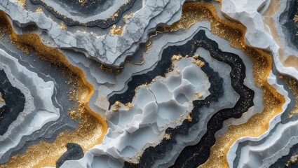 Poster - Abstract patterns of black, white, and gold mineral stone surface with layered texture and glittering details in high resolution