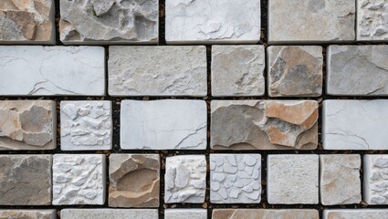 Poster - Textured stone mosaic wall with various shades and patterns of gray, beige, and white stones arranged in a grid pattern.