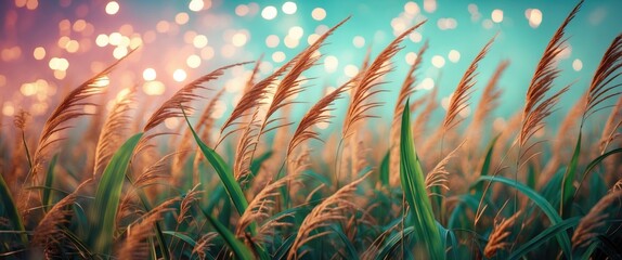 Poster - Golden grass field with bokeh background in twilight ambiance for nature and landscape photography
