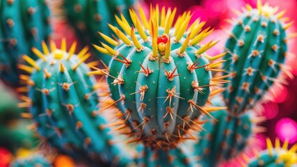 Poster - Colorful close-up of vibrant cactus with spines and yellow tips against a blurred background of pink and orange hues