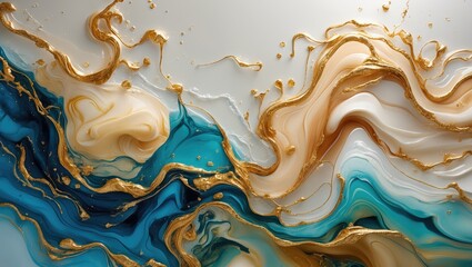 Aufkleber - Abstract fluid art with blue, cream, and gold tones creating dynamic, flowing patterns on a light background. High-resolution image.
