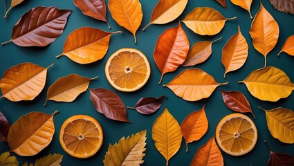 Poster - Colorful autumn leaves and citrus slices arranged on a dark background creating a flat lay composition.