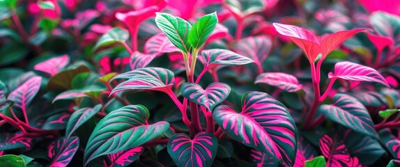 Poster - Vibrant green and pink tropical foliage with detailed leaf patterns in a lush botanical setting