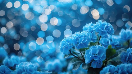 Poster - Blue hydrangea flowers with soft bokeh background in varying shades of blue and light circles creating a dreamy atmosphere.