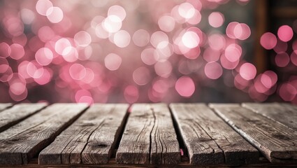 Poster - Wooden tabletop with blurred pink bokeh background for photography or design use