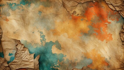 Poster - Abstract textured background with crumpled old paper and colorful paint splashes in shades of orange, blue and cream tones.