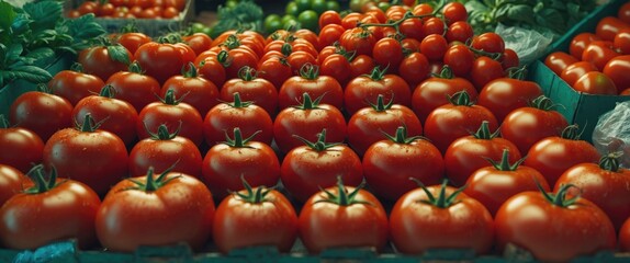 Poster - Fresh ripe tomatoes arranged in uniform rows displayed at a market stall with greenery in the background