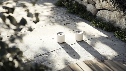 Poster - Two cylindrical objects rest on a concrete surface in sunlight