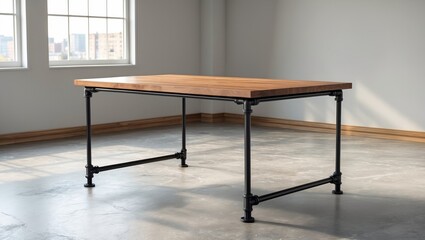 Poster - Industrial style wooden table with black metal frame in modern empty room with natural light and concrete floor