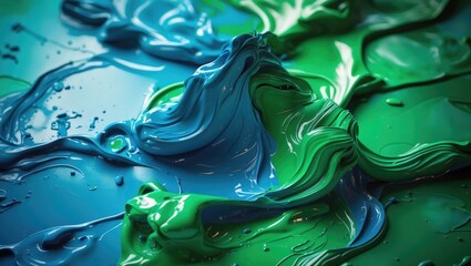 Poster - Close-up of thick blue and green paint swirling together on a canvas creating a textured and vibrant abstract background