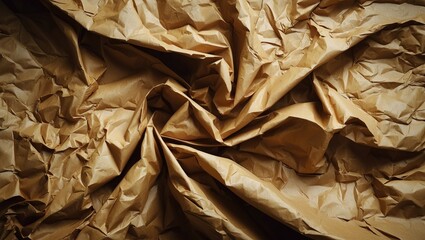Poster - Crumpled brown paper texture background with intricate folds and shadows creating depth in a close-up view