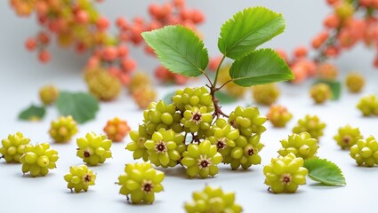 Poster - Green and yellow ornamental berries with leaves on white background, blurred berries in background, close-up view of botanical arrangement.