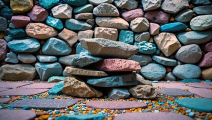 Poster - Colorful stacked stones on a decorative stone background with multicolored pebbles on the ground in a vibrant garden setting