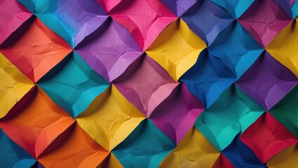 Poster - Colorful folded paper texture background in vibrant geometric patterns with shadow effects in red blue yellow green and orange.