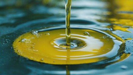 Poster - Oil pouring into water creating ripples and reflections in a serene environment close-up photography