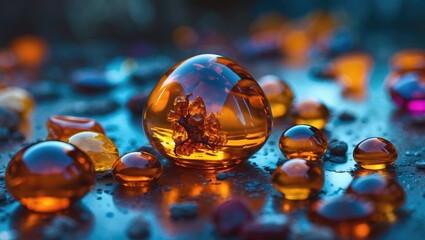 Poster - amber gemstones on a reflective surface with multiple droplets and varying sizes showcasing natural 