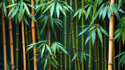 Poster - Bamboo grove with bright green leaves and varying bamboo stalk colors on a dark background